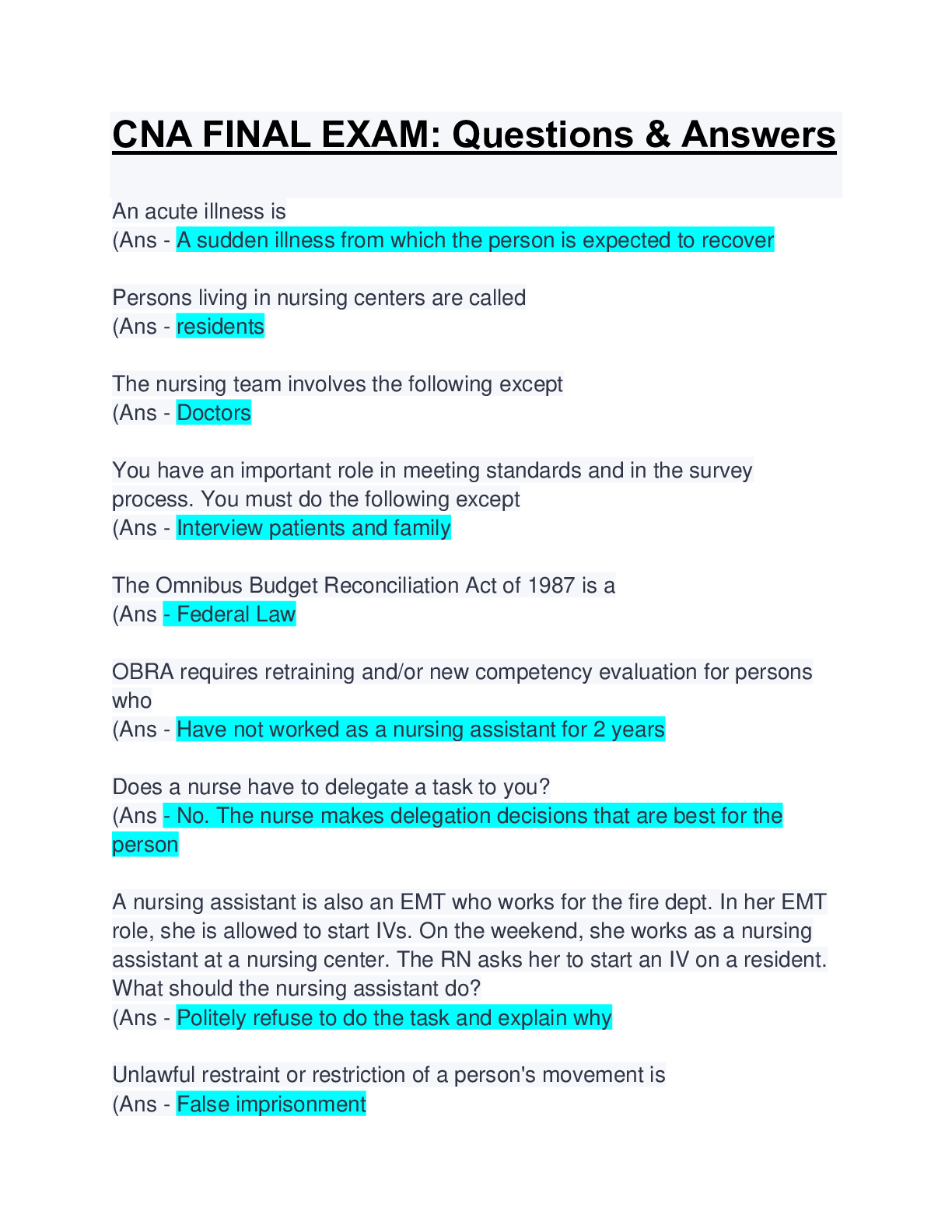 vgcc cna schedule 2023 CNA FINAL EXAM (Latest 2022/2023) Download to Score A